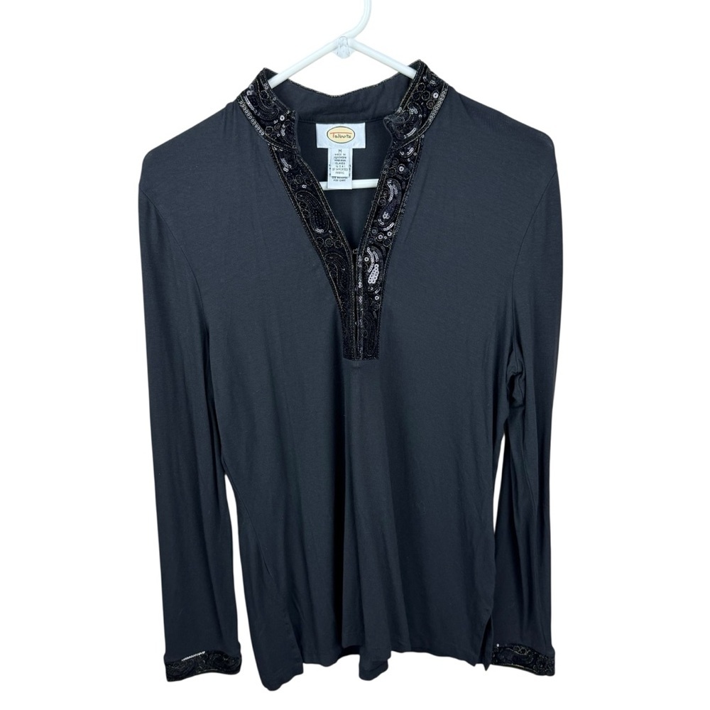 Talbots Black Sequin Embellished V-Neck Long Sleeve Y2K Tunic Top Women’s Medium